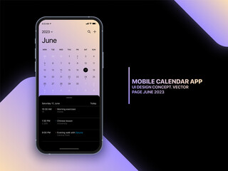 Wall Mural - mobile app calendar june 2023 page with to do list and tasks vector ui ux design concept on isolated