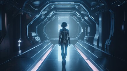 cyborg walking on lab corridor, digital art illustration, generative ai
