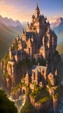 Fototapeta Londyn - Landscape of a forbidden Romanesque architecture style castle high up in the mountains - Generative AI Illustration