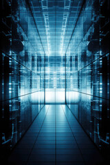 Perfectly symmetrical perspective structure, transparent light blue pure glass curtain wall.