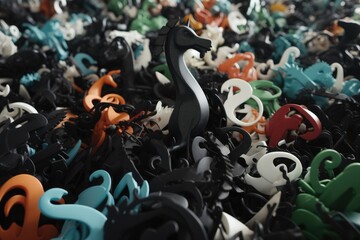 Abstract art of 3D flock of plastic seahorses swimming underwater. Sea of plastic concept. Generative AI