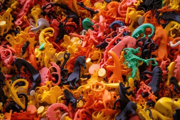 Abstract art of 3D flock of plastic seahorses swimming underwater. Sea of plastic concept. Generative AI