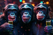 canvas print picture - 3 fröhliche Affen mit Drinks und Konfetti  in Partystimmung. Generative Ai.
