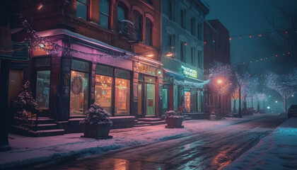 Poster - Winter night illuminated cityscape snow covered sidewalks generated by AI