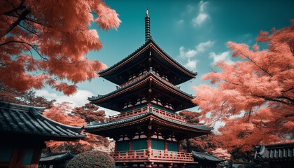 Poster - Ancient pagoda stands tall in autumn landscape generated by AI