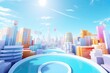 A bright city skyline buildings with strong sunlight and blue sky. Generative AI. 