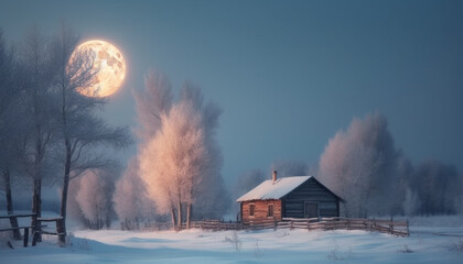 Poster - Spooky winter night moonlight on frozen forest generated by AI