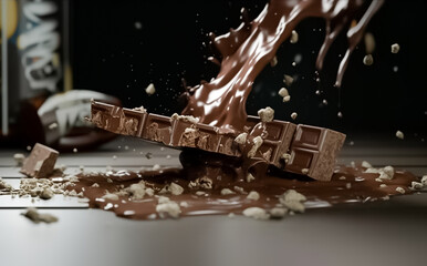 Wall Mural - The cascading flow of a melted chocolate bar creates a mesmerizing dance on a black backdrop. generative AI.