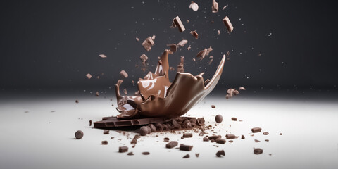 Wall Mural - The cascading flow of a melted chocolate bar creates a mesmerizing dance on a black backdrop. generative AI.