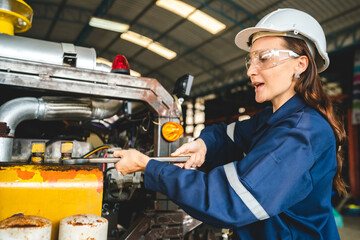 Sticker - Professional engineer women worker or mechanical foreman working to maintenance and check in factory warehouse, engineering women training workshop for factory operators, Business factory industry.