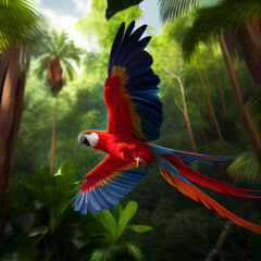 Scarlet macaw bird | Scarlet macaw parrot flying in a tropical jungle | AI Generative | Hyper realistic | Photo-realism | Digital art