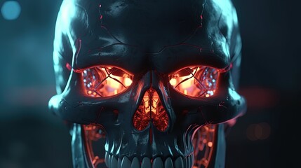 Wall Mural - sci fi human skull with glowing red eyes, digital art illustration, Generative AI