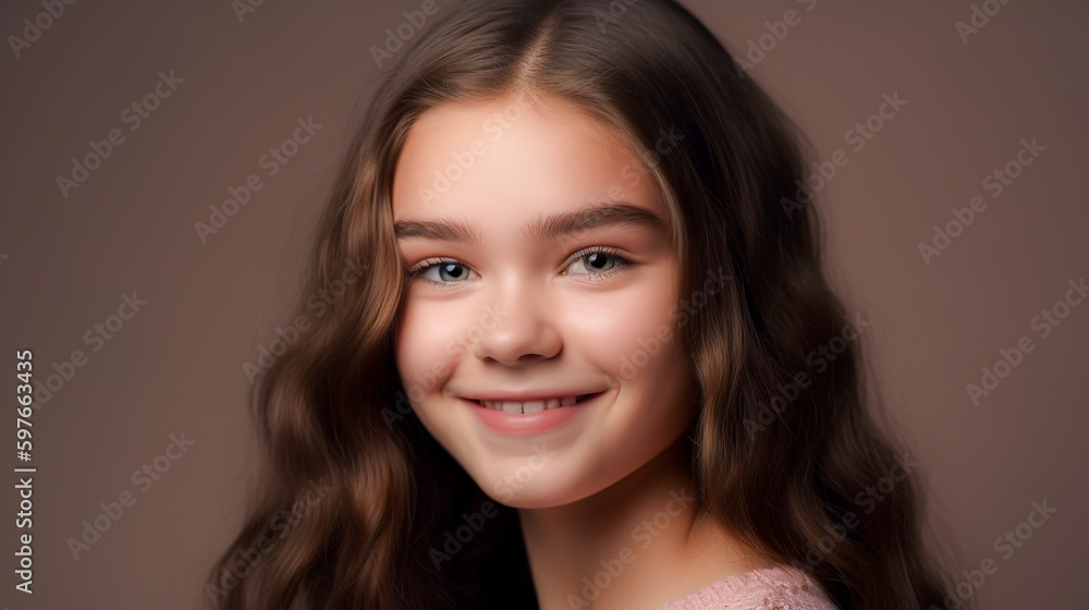 Portrait of a beautiful young girl with long curly hair on a brown ...
