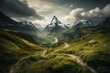 Sunrise over Matterhorn Peak in the Swiss Alps Switzerland in Europe, Alpine Wildflower Meadow in Summer, Stunning Scenic Landscape Wallpaper, Generative AI