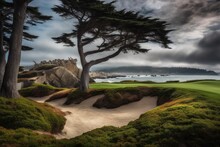 Pebble Beach Golf Course Next To The Pacific Ocean, Stunning Scenic Landscape Wallpaper, Generative AI