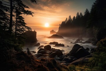 Sunset over Pacific Northwest Oregon Coastline with rocks, fjords, bays, including Puget Sound, Washington, Stunning Scenic Landscape Wallpaper, Generative AI