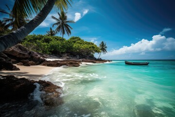 Wall Mural - Sunny Caribbean Tropical Island Paradise with Sandy Beach and Palm Trees, Stunning Travel Scenic Landscape Wallpaper, Generative AI