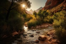 Sunrise Over Zion National Park, Mountain Vista, Utah Scenic Landscape Wallpaper, Tourism, Post Card, Generative AI