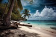 Caribbean Tropical Island Paradise, Sandy Beach at Midday with Palm Trees,  Stunning Travel Scenic Landscape Wallpaper, Generative AI
