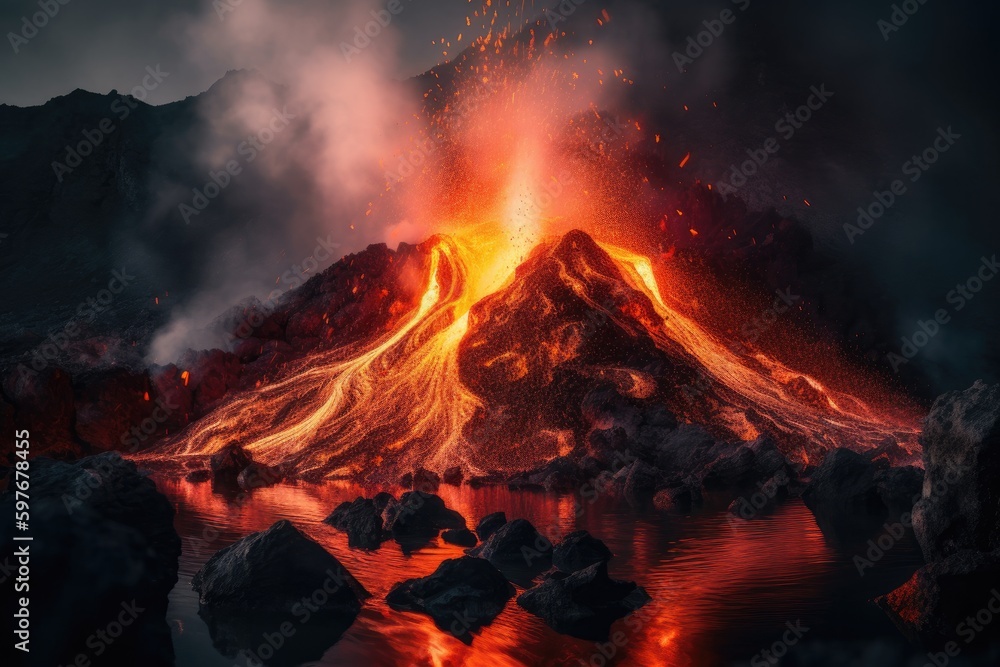 Ilustración de Stock Volcanic Mountain Eruption with Lava, Ash, and ...