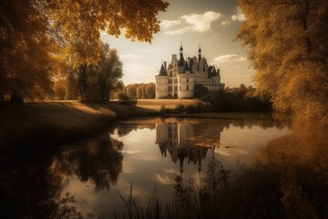 Wall Mural - european castle in loire valley france, french chateau with autumn foliage, stunning scenic landscap
