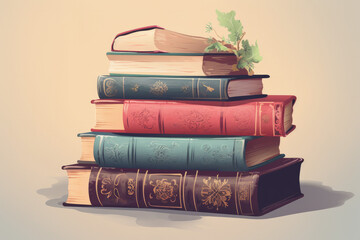 Wall Mural - A pile of antique books with hardcovers on a light background.