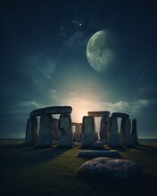 The Full Moon In A Sky Background With Stonehenge. Generative AI.