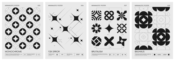 Wall Mural - Retro futuristic vector minimalistic Posters with silhouette basic figures, Modern monochrome print brutalism, extraordinary graphic elements of geometrical shapes composition, set 2