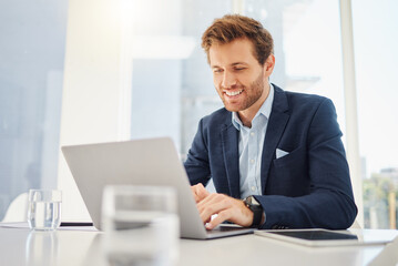 Happy, laptop reading and business man working in a office with website data and email planning. Entrepreneur, management worker and online database analyst typing on a computer for a web update