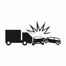 Road Safety Accident Sign And Symbol Vector Illustration. Car Crash From Both Side By Other Car And Cargo Truck.