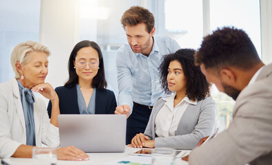 Poster - Laptop, meeting and business people in office for creative, collaboration and training. Coaching, strategy and group with diversity online for proposal, review and brainstorming solution together