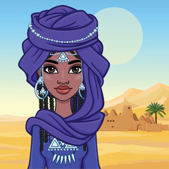 Wall Mural - Beautiful animation African princess in ancient clothes and a turban.  Background - desert barkhans, palace silhouette. Vector illustration.