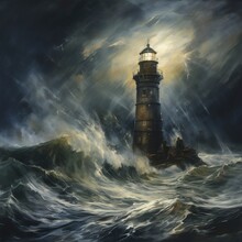 A Painting In The Manner Of An Oil Of A Lighthouse Shining Brightly In The Darkness Amid A Storm And A Rough Sea, Generative AI.