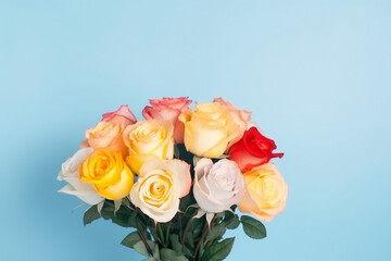 A colorful bouquet of roses on blue background, Generative AI