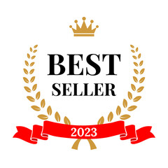 Wall Mural - best seller emblem, badge with wreath of laurel leaves frame, golden crown and 2023 text on red ribb