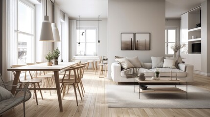 Modern Scandinavian apartment living room interior design. Bright style