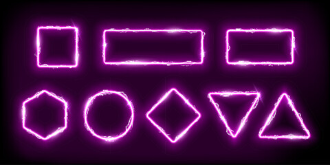 Wall Mural - Neon pink frames set with electro flash of lightning, purple fantasy gates with flare