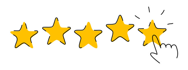 Customer review concept. Feedback, reputation and quality concept. Finger pointing to five star rating