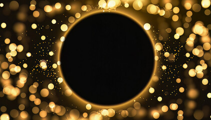 Wall Mural - shiny golden circle frame on dark background and bokeh lights
