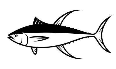 Wall Mural - Tuna fish drawing with black blush lines, aquatic animal illustration on white background.