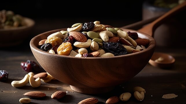 Bowl of mixed nuts and seeds with a wooden spoon. AI generated