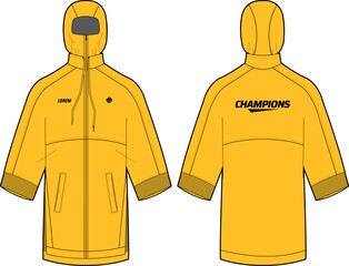 Long sleeve all condition rain coat Hoodie jacket design flat sketch Illustration, Hooded rain coat with front and back view, winter coat for Men and women for outerwear and long weather jacket