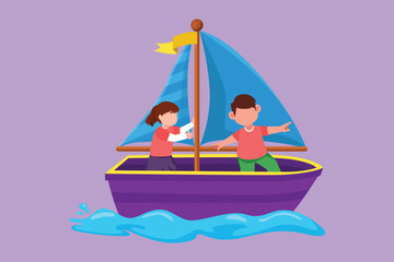 Wall Mural - Cartoon flat style drawing cheerful little boy and girl in sailboat together. Happy kids sailing boat at small lake. Children on boat. Joyful adventures and travel. Graphic design vector illustration