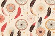 © Ameer - simple seamless vector pattern with boho dreamcatchers and feather with white background. flat style, seamless background with flowers, seamless pattern with feathers, Generative AI