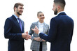 © ty - Three young businessmen standing discussing business on a transparent background