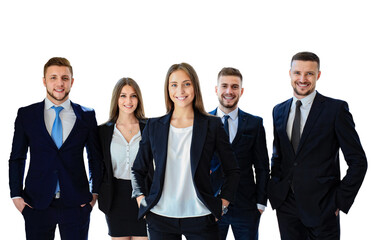 Poster - Face of beautiful woman on the background of business people on a transparent background