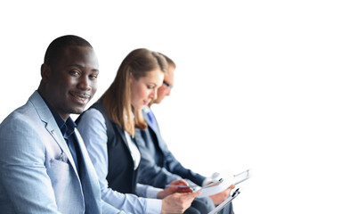 Wall Mural - Portrait of smiling African American business man with executives working on a transparent background