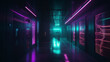 A dark server room with pink and light blue lighting elements, AI generated design