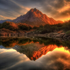 Wall Mural - mountain reflected in the lake at sunset. generative ai