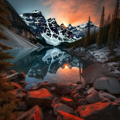 Wall Mural - taken at the peak of color during the morning sunset at lake. generative ai